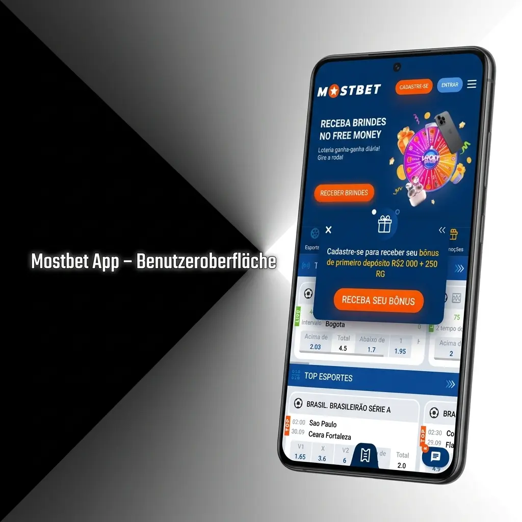 Mostbet App Benutzeroberfläche mit übersichtlichem Hauptmenü, Wettoptionen und Kassenbereich auf mobilem Gerät